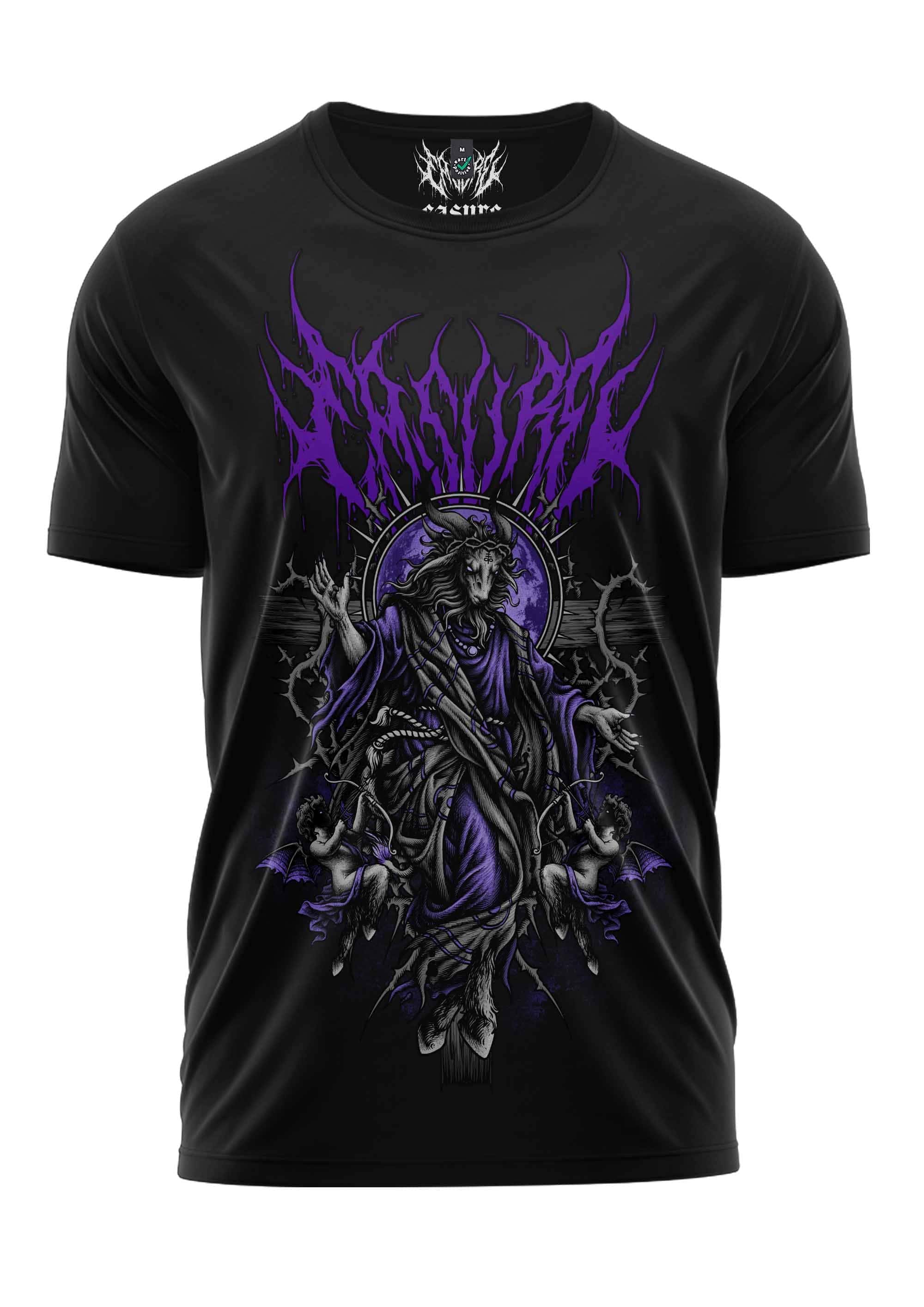 Schwarzes kurzarm-tshirt almighty colored mit detailliertem lila-schwarzem gothic horror flügelwesen und kleineren kreaturen